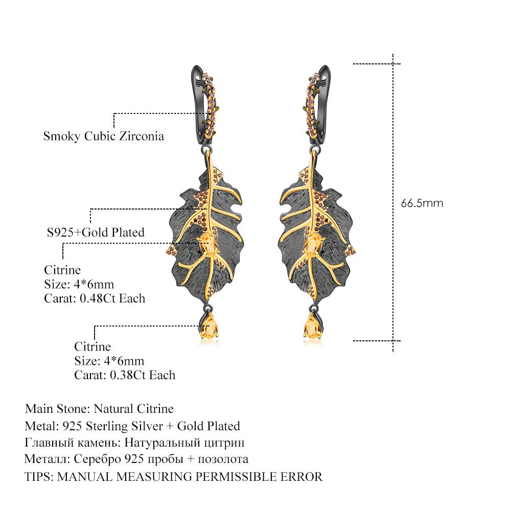 Orecchini pendenti a forma di foglia di design originale fatti a mano da Kemstone con citrino naturale da 0,48 ct e 0,38 ct, per donna, 2,6", K23420E