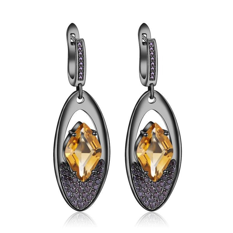 Pendientes colgantes de citrino con circonita ahumada, diseño original, hechos a mano por Kemstone en plata de ley 925.