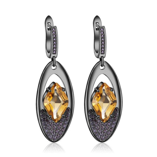 Pendientes colgantes de citrino con circonita ahumada, diseño original, hechos a mano por Kemstone en plata de ley 925.