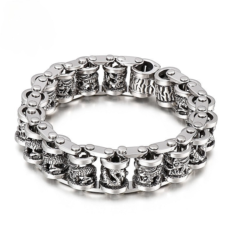 Kemstone Vintage Dragon Bike Chain Cuff – Stainless Steel Men’s Bracelet, Handcrafted Rustic KB83923-BD