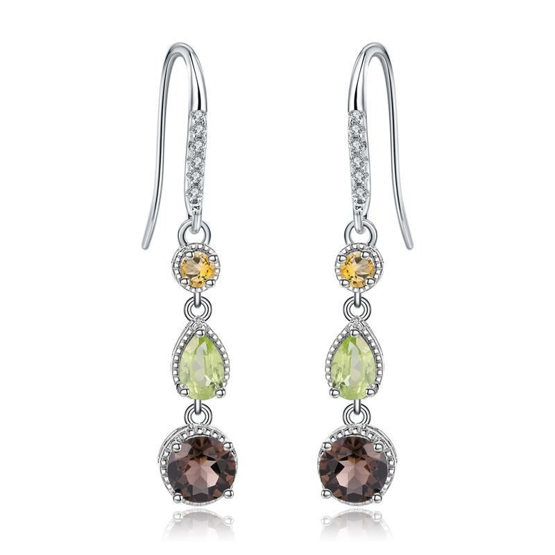 Pendientes colgantes de piedras preciosas naturales de diseño original hechos a mano por Kemstone en plata de ley S925 con topacio, peridoto y citrino.