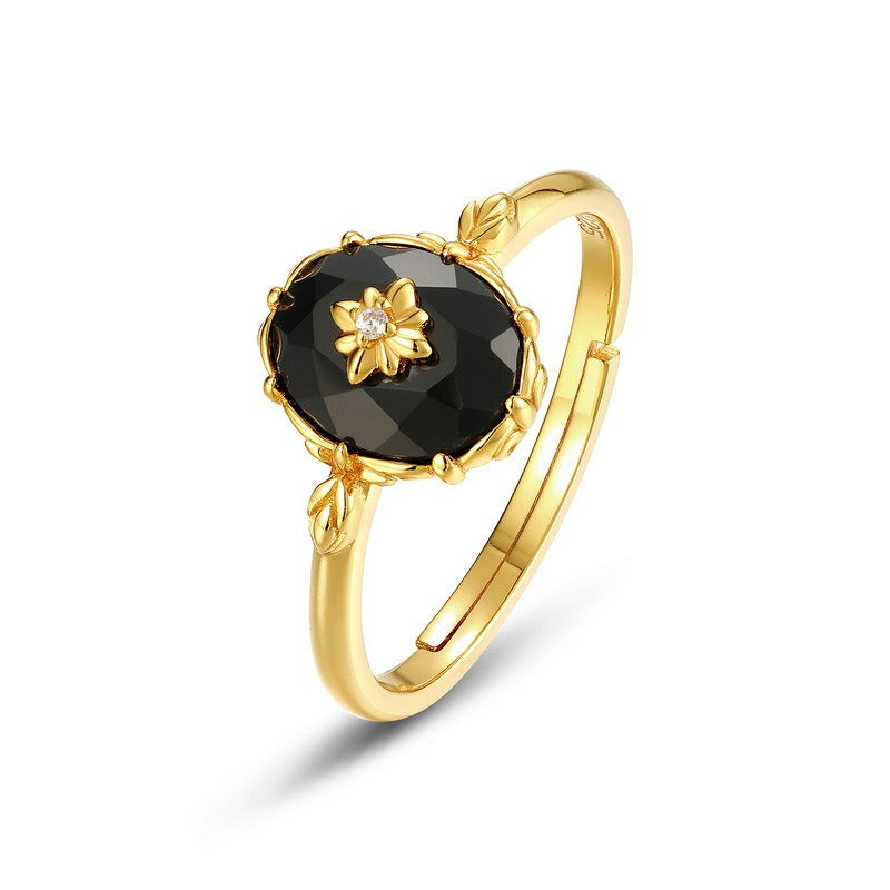 Anillo de ónix negro vintage de diseño original artesanal de Kemstone - Plata S925 ajustable con baño de oro de 10 quilates