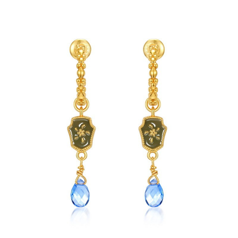 Pendientes Kemstone con diseño floral original, hechos a mano, en plata de ley S925 con incrustaciones de cristal azul, para mujer.