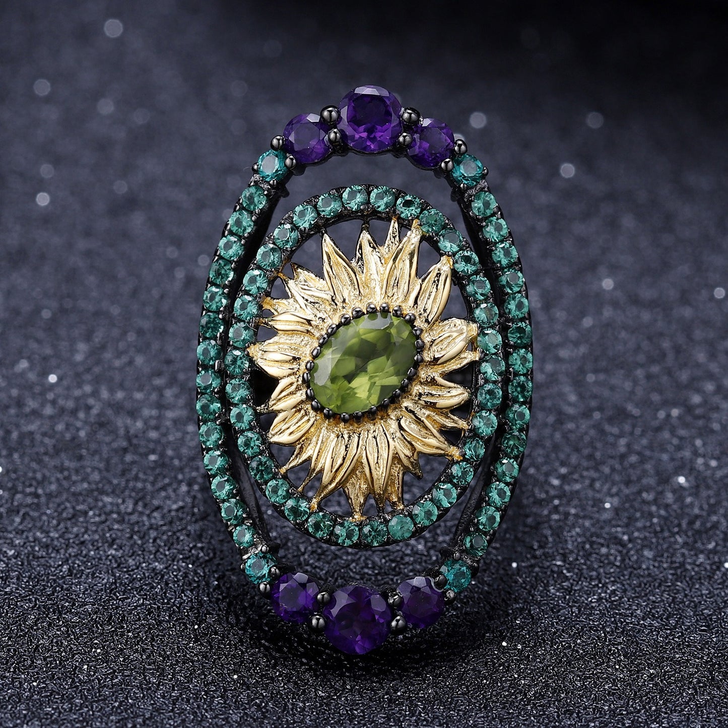 Anillo de peridoto y amatista natural, estilo vintage, diseño original artesanal de Kemstone | Plata de ley 925 con baño de oro, K24426R