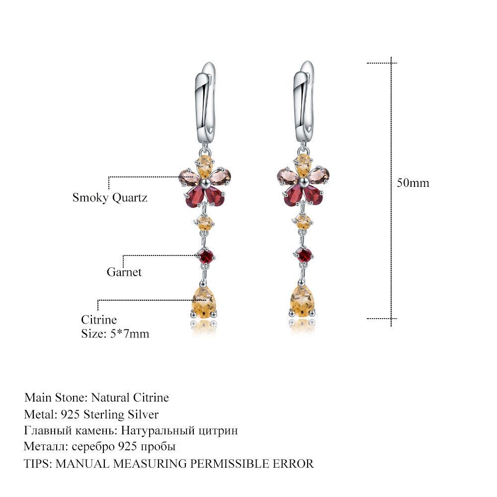 Pendientes colgantes de citrino natural de estilo clásico, hechos a mano, con diseño original de Kemstone y detalles de cuarzo ahumado y granate | Plata de ley 925