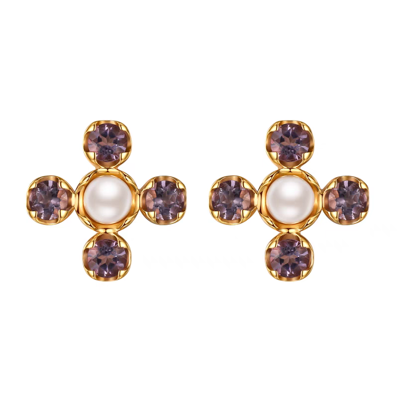 Pendientes Kemstone de diseño original, hechos a mano, con trébol de cuatro hojas, amatista y perla - Elegantes pendientes florales en plata 925
