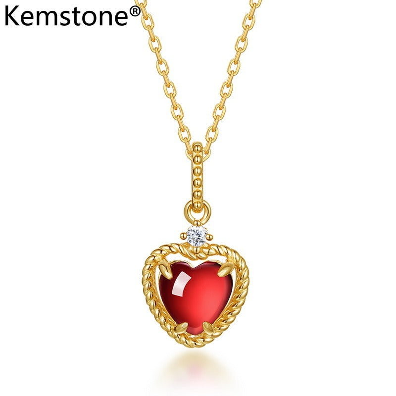 Collar de corazón de granate vintage de diseño original hecho a mano por Kemstone, plata de ley 925 con baño de oro de 10 quilates, colgante de diseño único para un estilo OL moderno, cadena de 45 cm