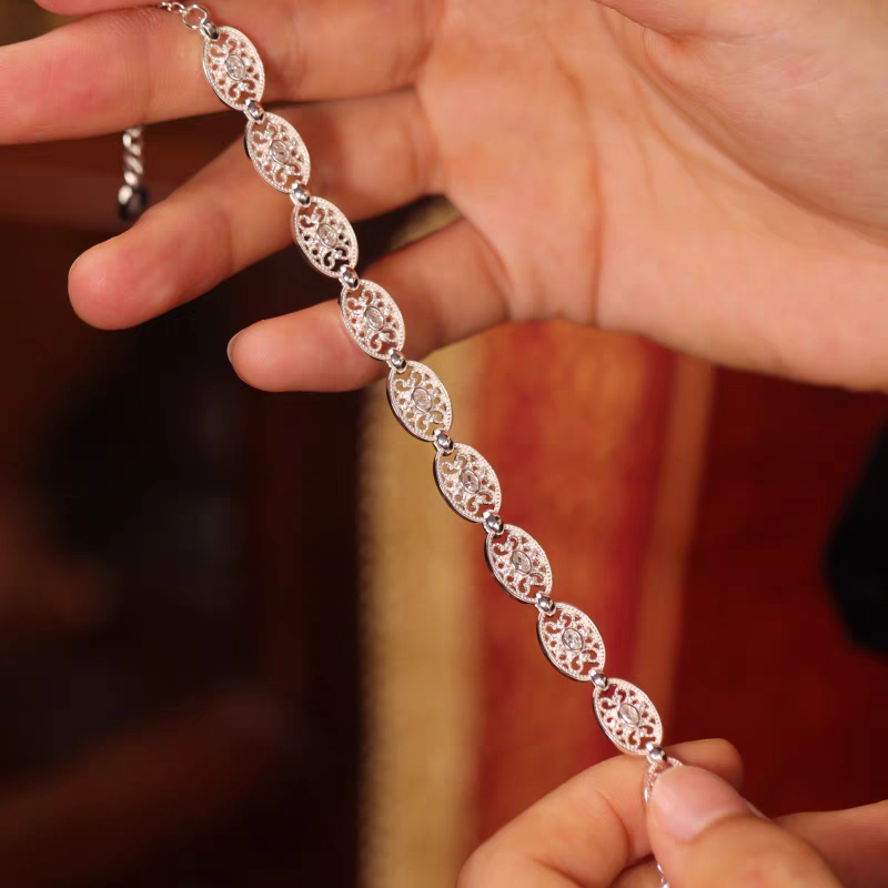 Pulsera de encaje ligero tejida a mano con diseño original de Kemstone - Plata de ley 925, diseño geométrico hueco vintage