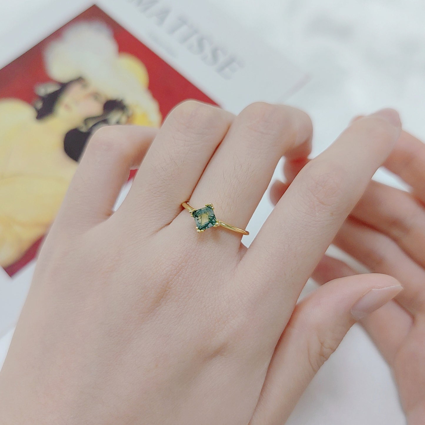 Anillo de compromiso de ágata musgosa de plata de ley 925 con corte cuadrado de 5 x 5 mm, diseño original artesanal de Kemstone para mujer