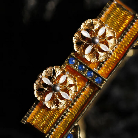 Pendientes de perla vintage "Ginkgo Dorado", diseño original artesanal de Kemstone - Plata 925 y diseño de hoja retro bañado en oro