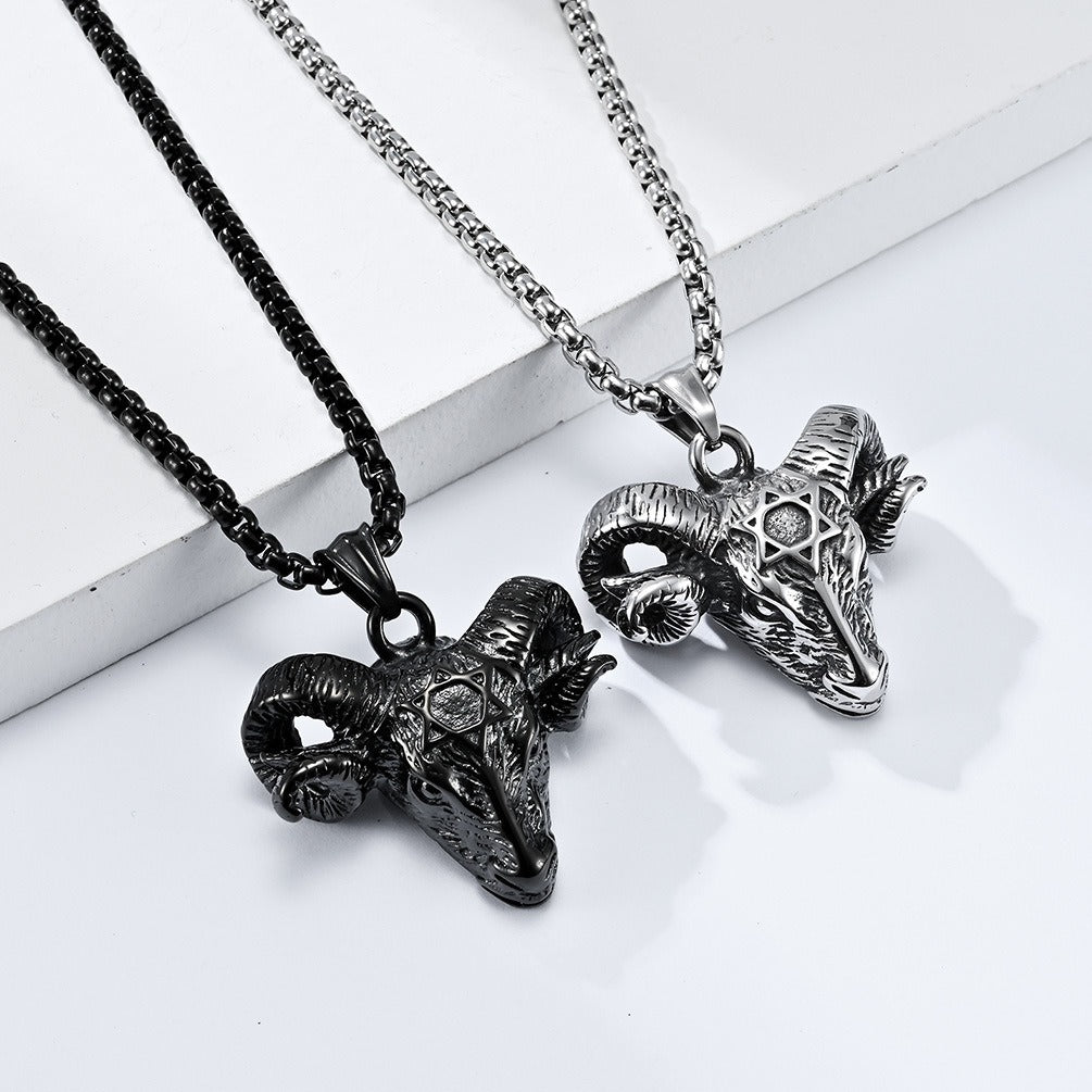 Kemstone Titanium Steel Ram Head Necklace – Gothic Pentagram Pendant K-PT437