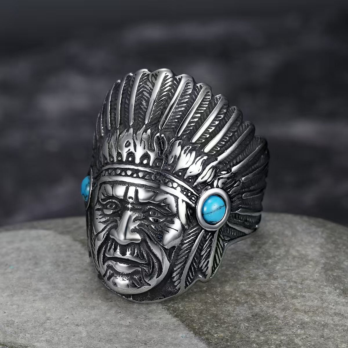 Kemstone Stainless Steel Hip Hop Vintage Portrait Turquoise Ring for Men – Silver TR0506