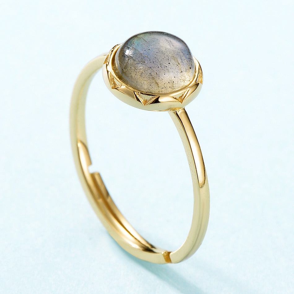 Anillo minimalista de labradorita azul, diseño original artesanal de Kemstone - Plata S925 ajustable con baño de oro de 9 quilates