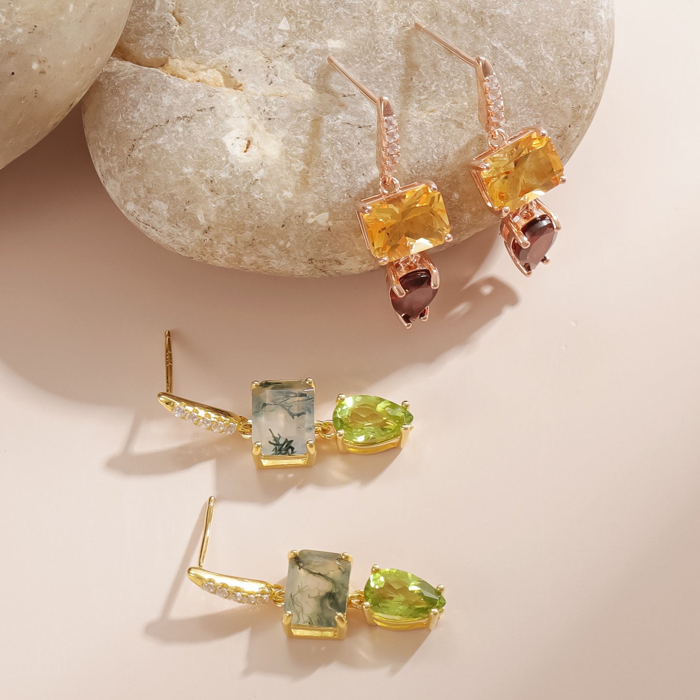 Kemstone Moss Agate & Peridot Drop Earrings – Vintage 925 Sterling Silver with Gold Plating, 2.5cm Dangle T7-OL1343E