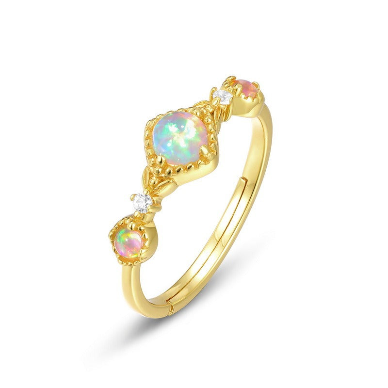 Anillo de ópalo de diseño original artesanal de Kemstone - Ajustable, plata S925, chapado en oro de 10 quilates