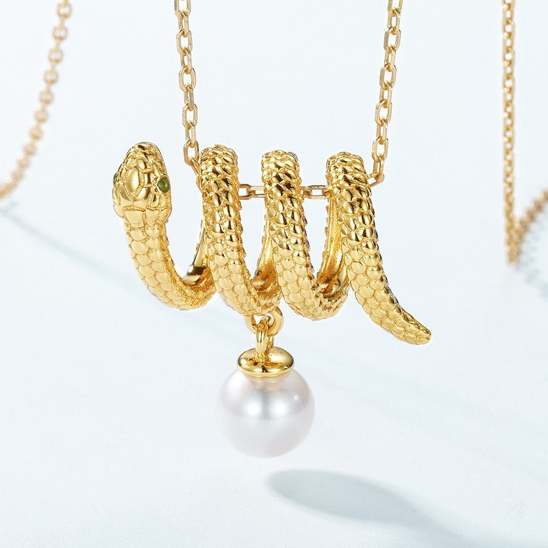 Collar elegante con colgante de serpiente y perla de agua dulce, diseño original y artesanal de Kemstone, plata de ley S925 para mujer, 45,7 cm