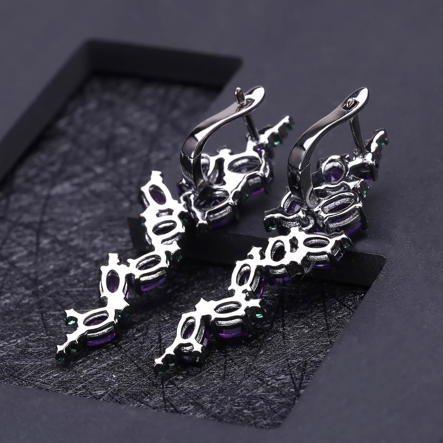 Orecchini Kemstone artigianali con pietre preziose a forma di foglia di ametista naturale vintage dal design originale | Argento Sterling 925