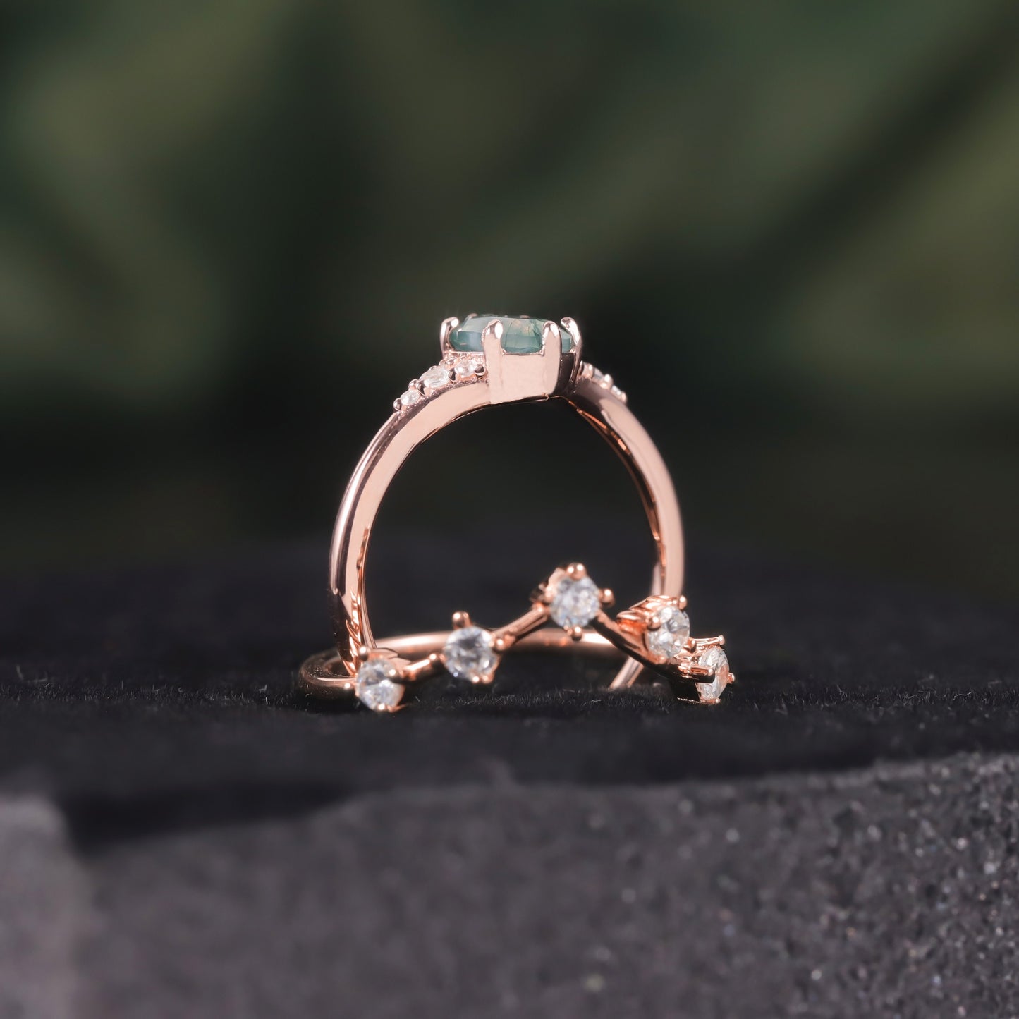 Anillo nupcial de oro rosa de 14 quilates con ágata musgosa ovalada en plata de ley 925, delicado diseño original artesanal de Kemstone.