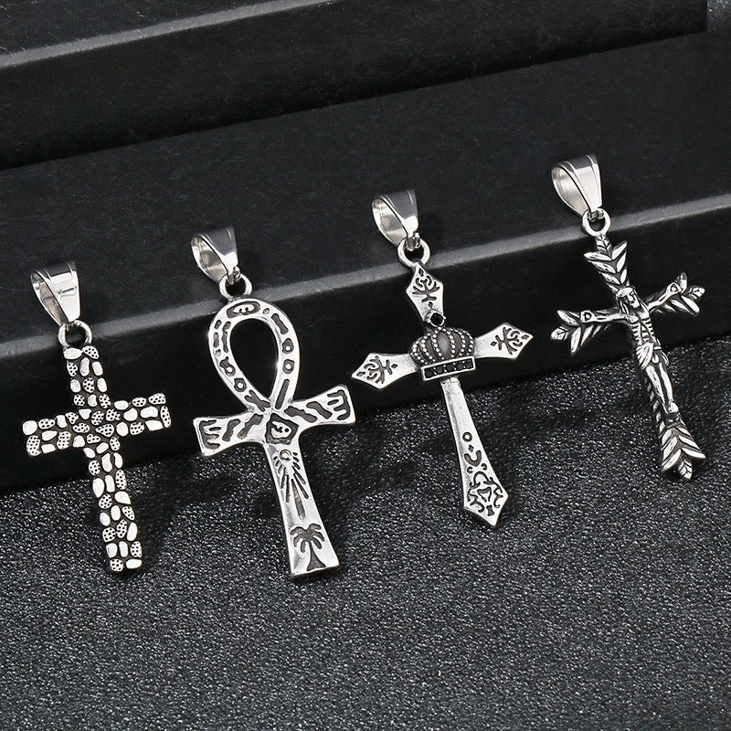 Kemstone Titanium Steel Punk Crown Cross Pendant – Vintage Hieroglyphic Engraved Necklace KP120067