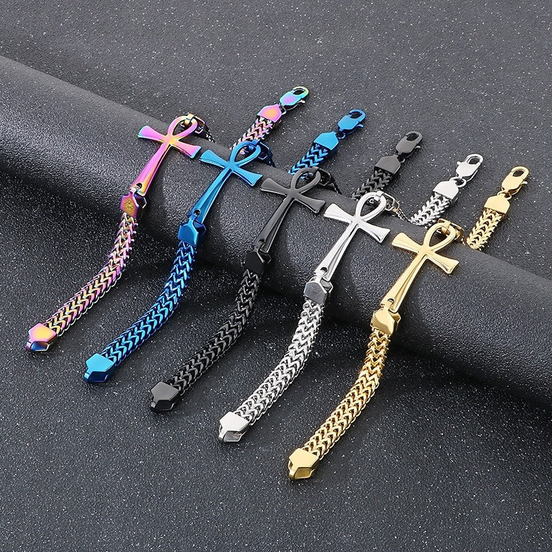 Kemstone Titanium Steel Rock 'n' Roll Dual-Weave Chain Bracelet with Vintage Cross Pendant KB164177-KFC