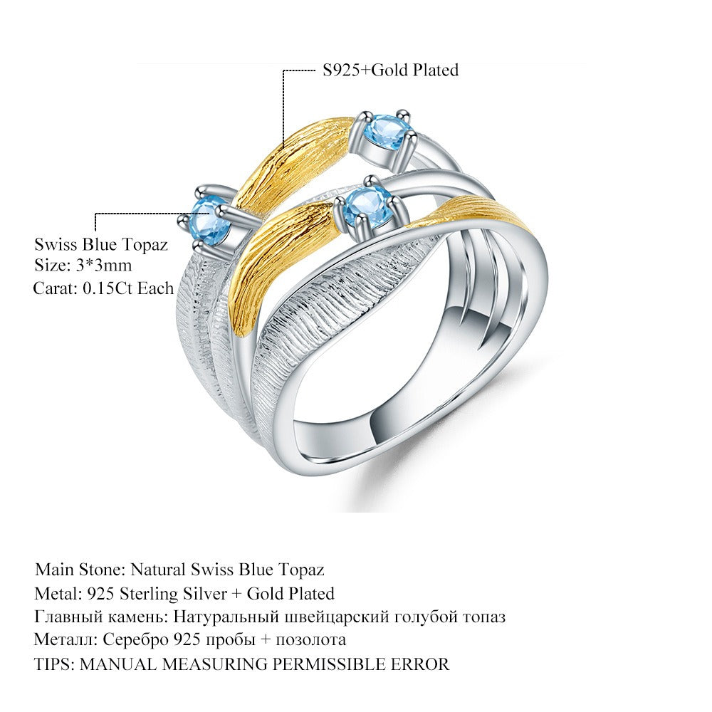 Anillo de topacio azul suizo natural en plata de ley 925, diseño original artesanal de Kemstone