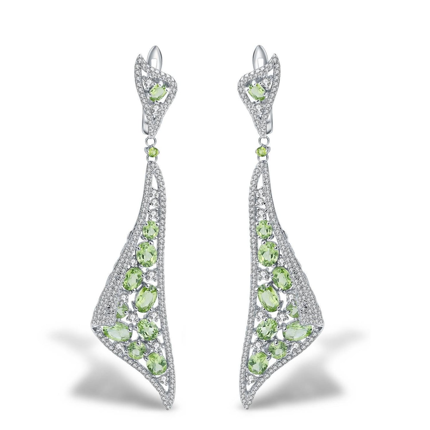 Orecchini pendenti Kemstone in argento sterling dal design originale e realizzati a mano, con peridoto naturale e zircone, gioielli vintage di lusso da donna, lunghi, 2,95 pollici