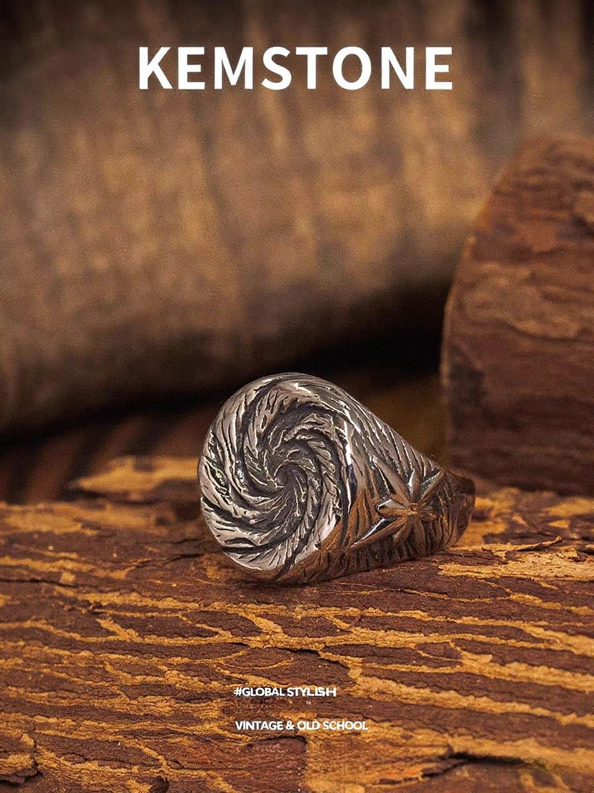 Kemstone Men’s Spiral Star Ring – Titanium Steel Wide Band, Vintage Street Style Jewelry NW-JZ120