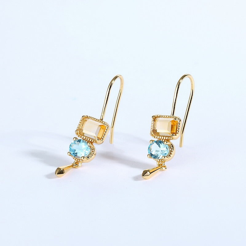 Pendientes geométricos de lujo de Kemstone, hechos a mano, con citrino natural y topacio azul suizo, diseño original - Plata de ley S925 bañada en oro