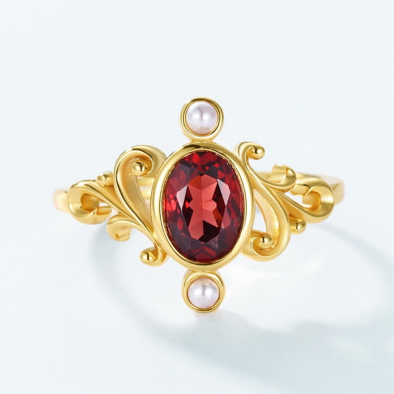 Anillo de corona real vintage de diseño original, hecho a mano por Kemstone - Plata S925 bañada en oro con granate
