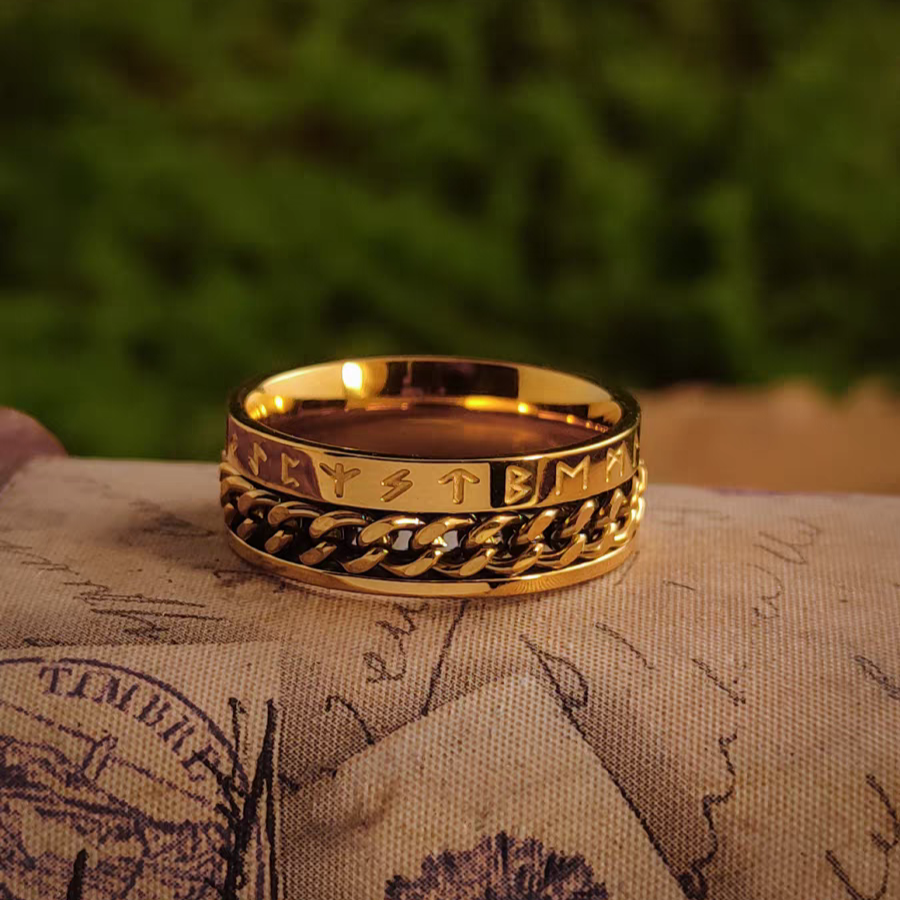 Kemstone Vintage Gold Viking Chain Band & Square Signet Ring – 18K Plated Titanium Steel