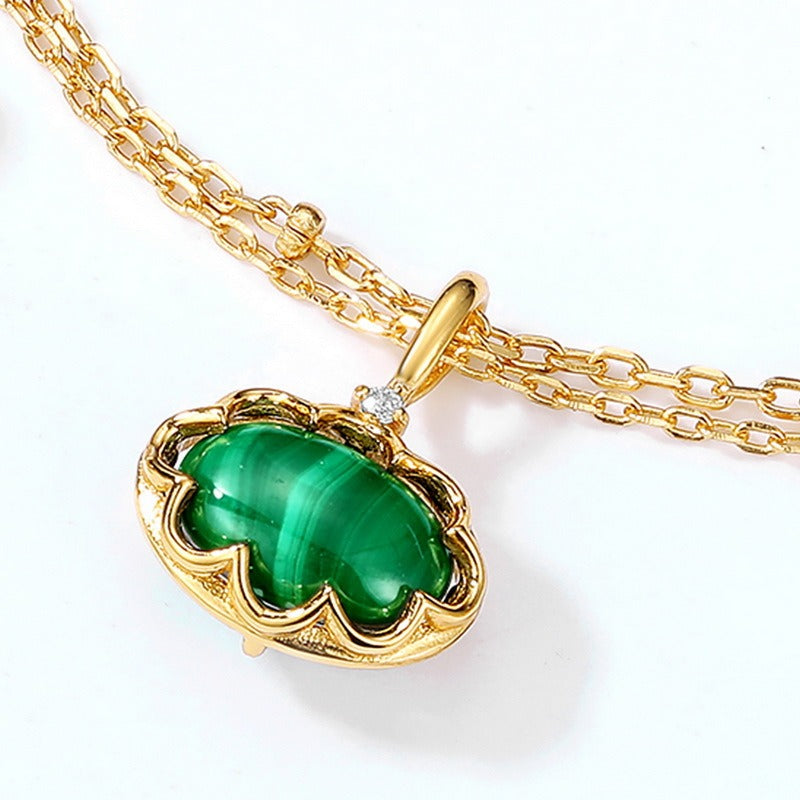 Collar con colgante vintage de malaquita y cristal blanco, diseño original artesanal de Kemstone - Joyería geométrica ovalada de plata de ley S925 de 45,7 cm