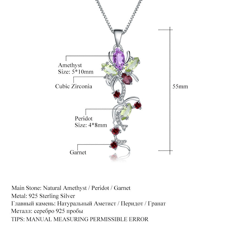 Collar de plata de ley con colgante de lirio de los valles, amatista, peridoto, granate y circonita, diseño original artesanal de Kemstone para mujer, 45,7 cm