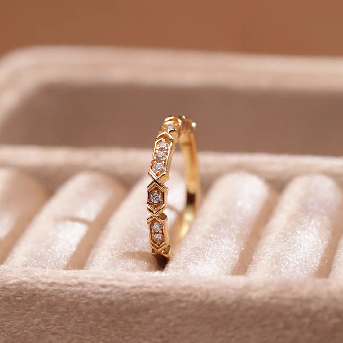 Kemstone Starlight Ring – 925 Silver Gold Plated Slim Stacking Band with Cubic Zirconia EM-YLZR183