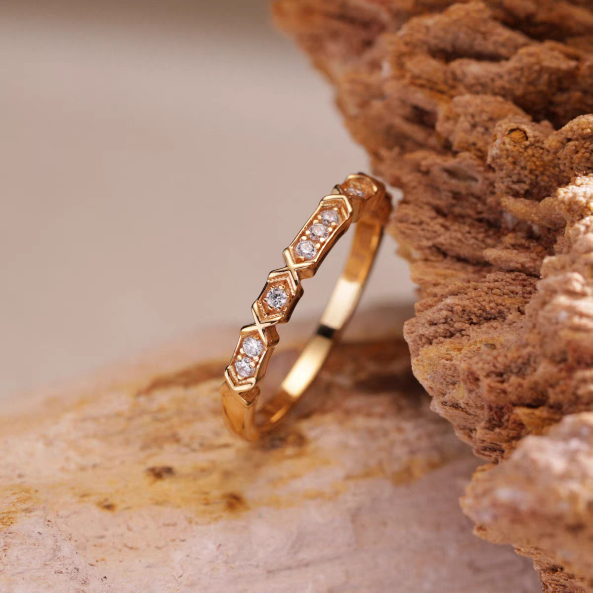 Kemstone Starlight Ring – 925 Silver Gold Plated Slim Stacking Band with Cubic Zirconia EM-YLZR183