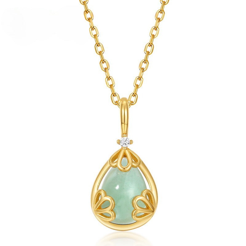 Collar con colgante de aventurina en forma de lágrima y cristal blanco, diseño original artesanal de Kemstone - Diseño de corona en plata de ley S925