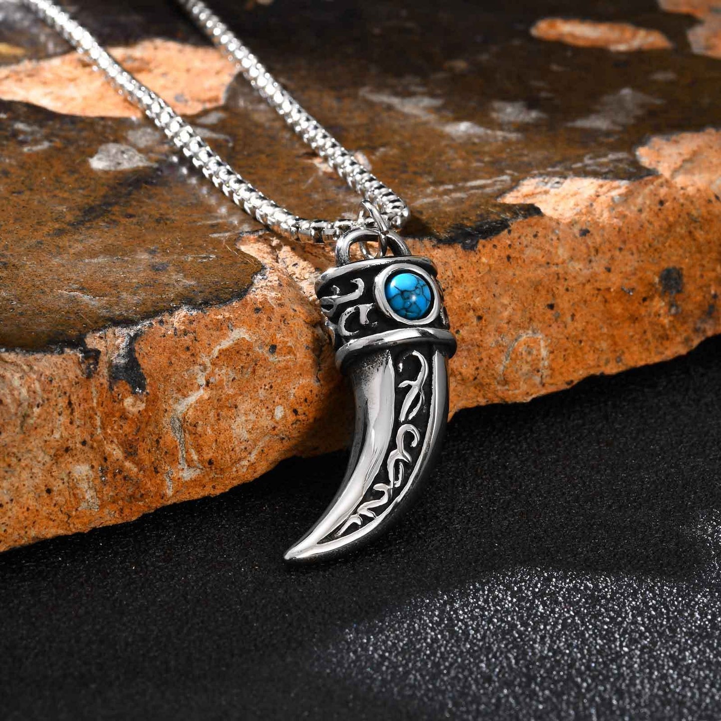 Kemstone Stainless Steel Horn Pendant Necklace – Vintage Turquoise Tribal Design for Men PN-2233