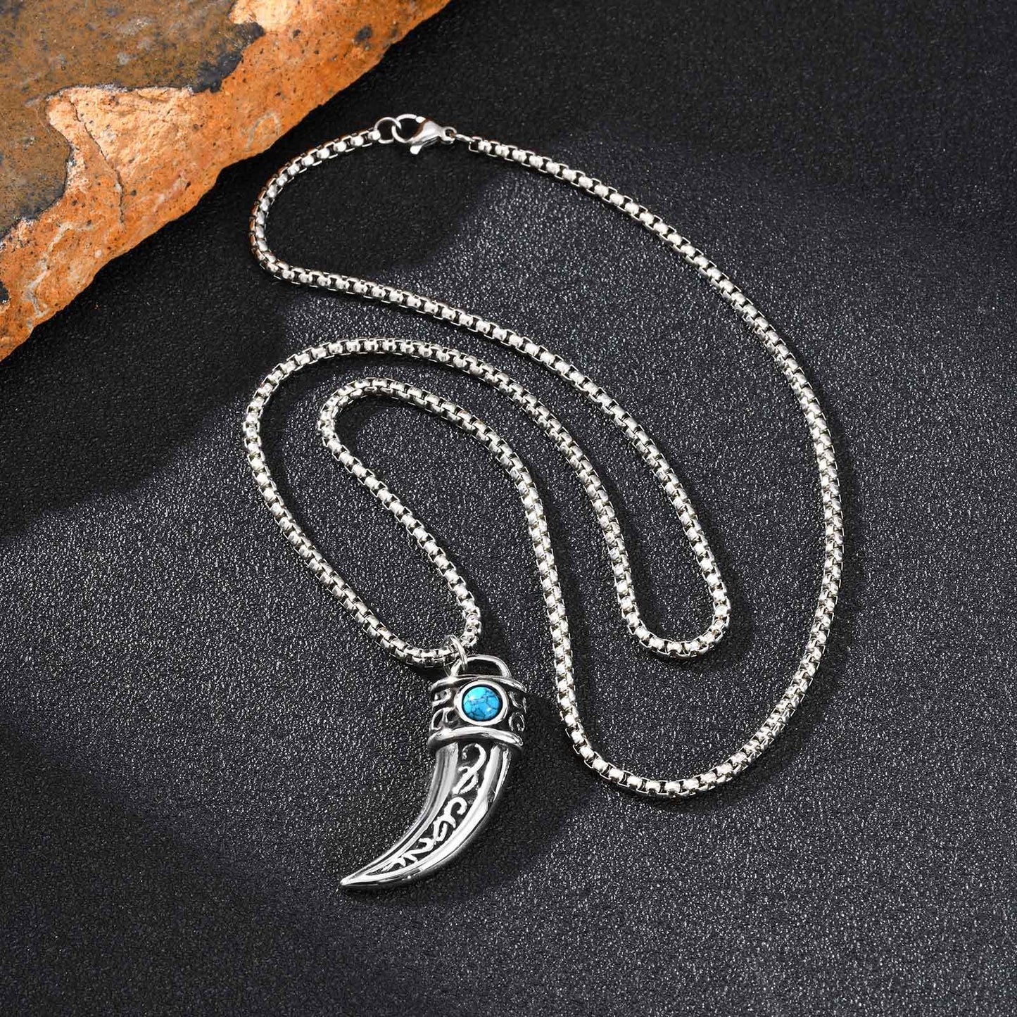 Kemstone Stainless Steel Horn Pendant Necklace – Vintage Turquoise Tribal Design for Men PN-2233