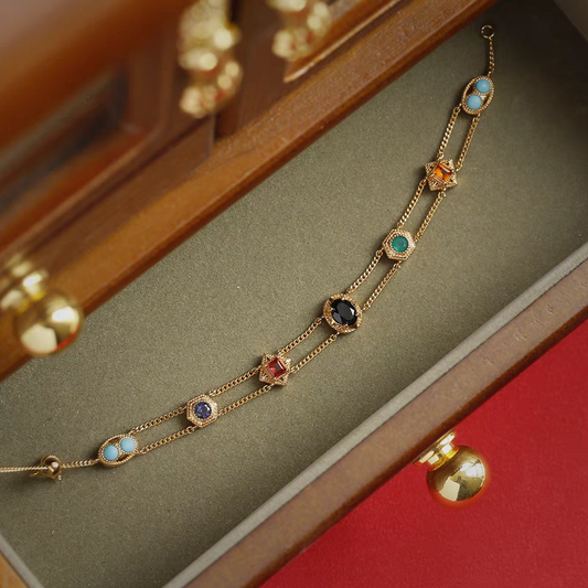 Pulsera de doble capa con múltiples gemas, estilo occidental, hecha a mano por Kemstone, diseño original, plata de ley 925, chapada en oro, ajustable.
