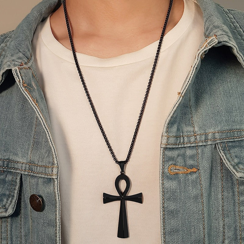 Colgante de cruz Ankh de acero inoxidable de 64 mm de Kemstone para hombre, joyería de hip hop PN-646