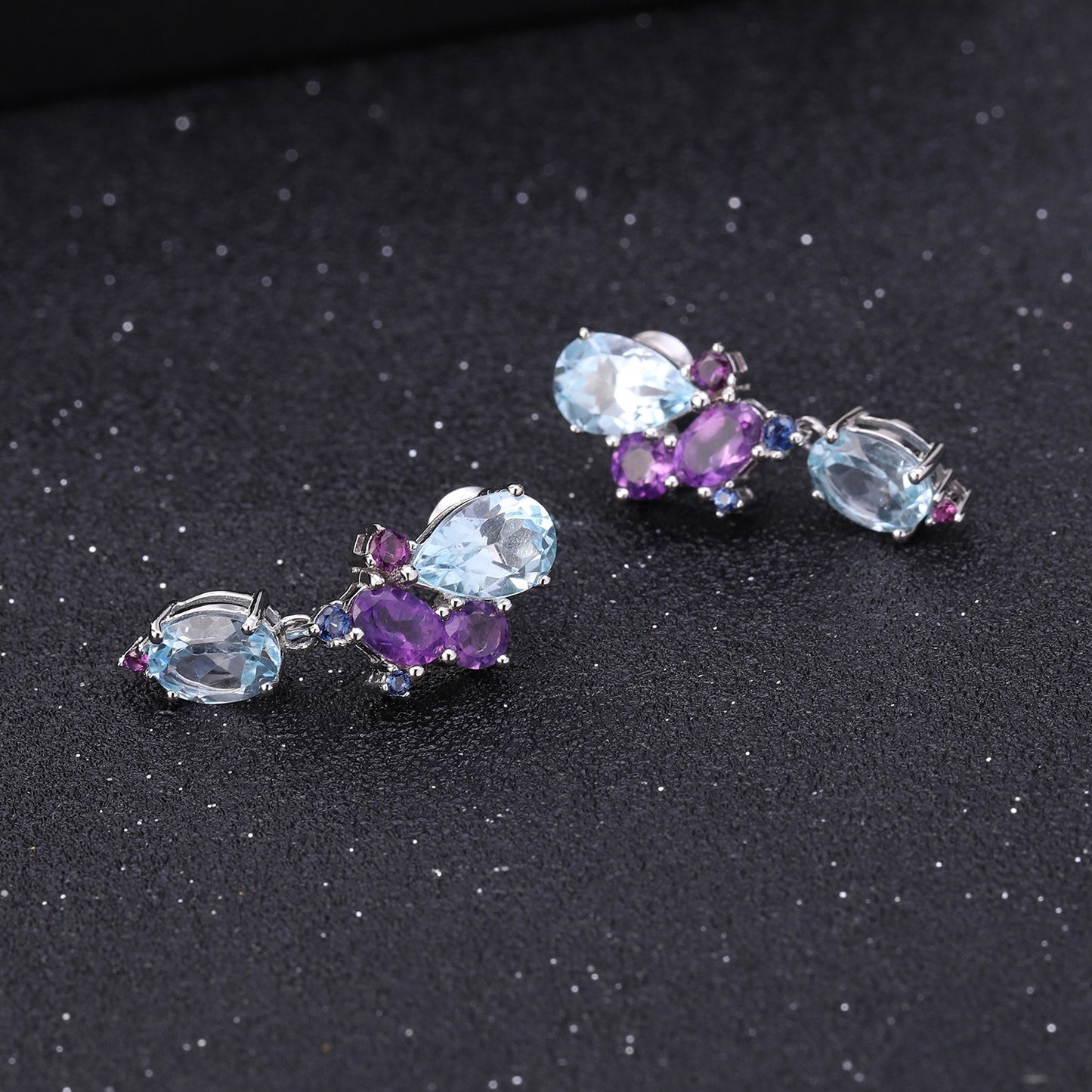 Pendientes de plata de ley S925 con piedras preciosas y topacio amatista, hechos a mano, con diseño original de Kemstone, para veladas elegantes.