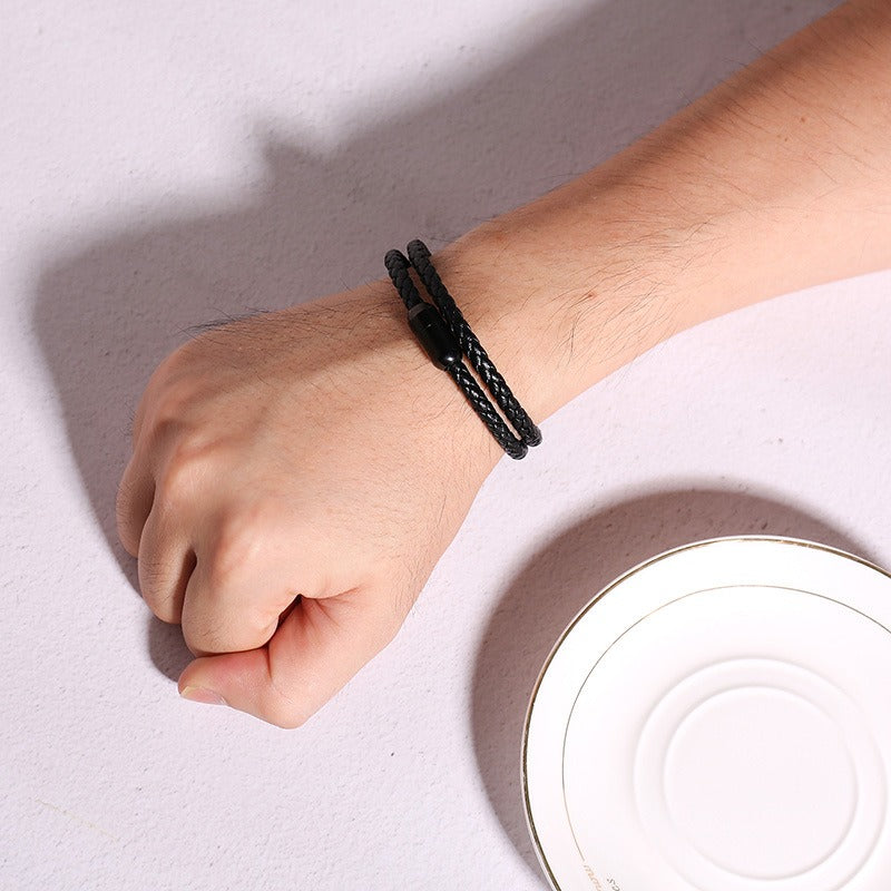 Kemstone Black Leather & Stainless Steel Magnetic Bracelet – Dual-Layer Cuff for Men BL446