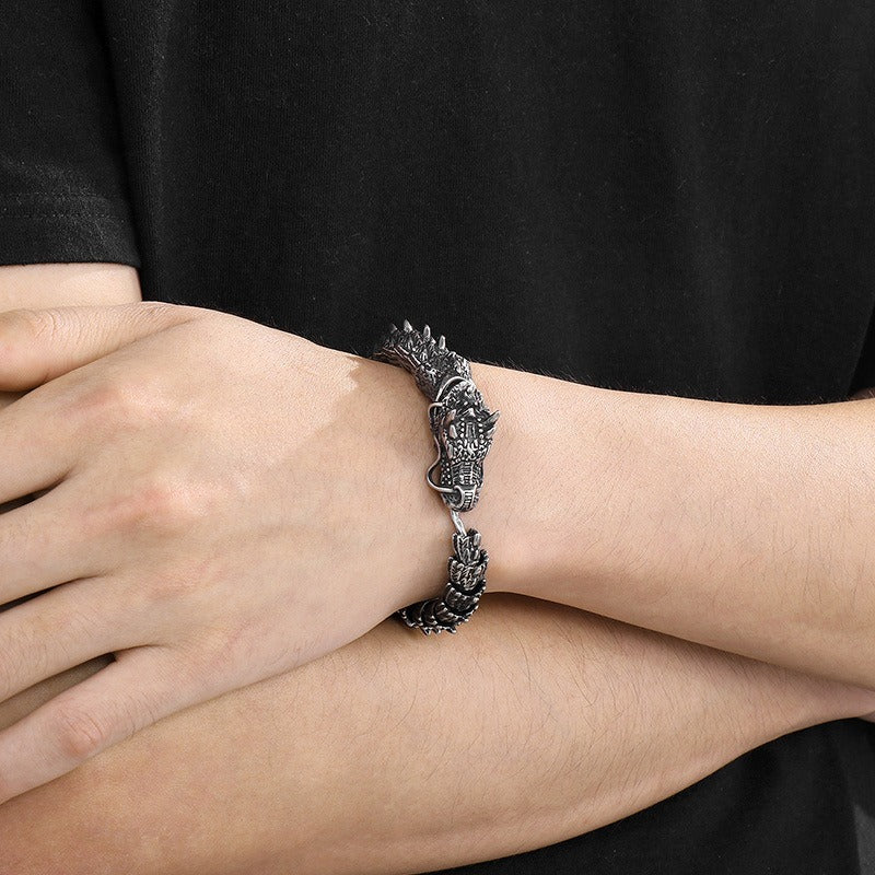 Kemstone Men’s Dragon Head Bracelet – Blackened Stainless Steel with Green Eyes KB170307