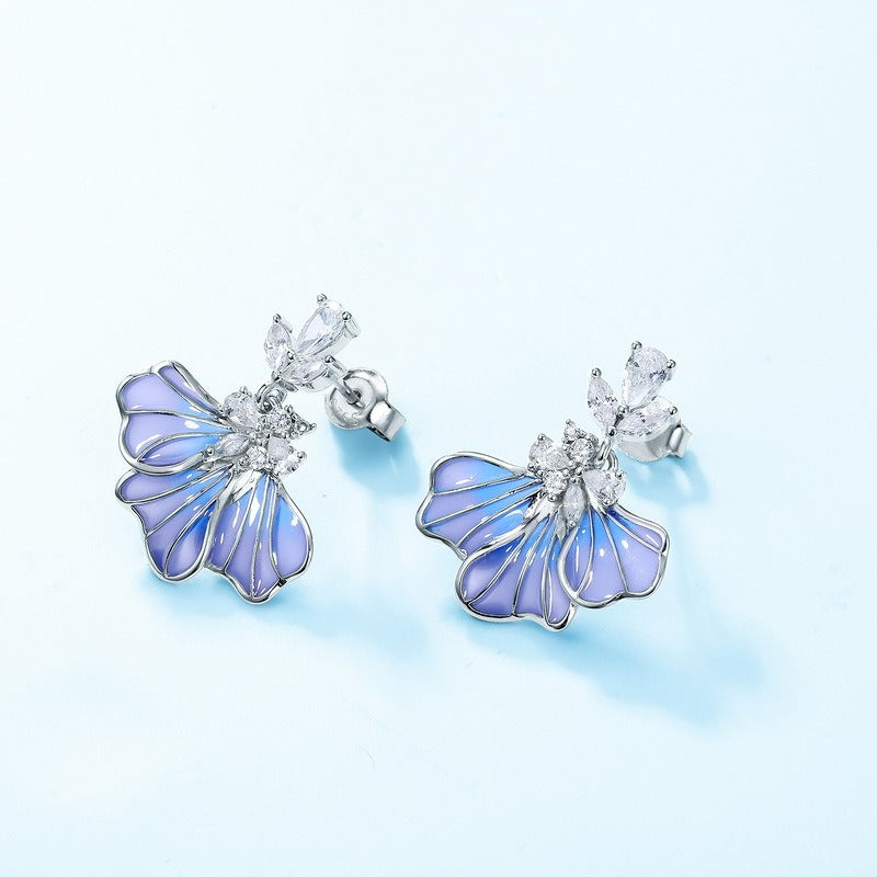 Kemstone Handcrafted Blue Iris Enamel Stud Earrings – S925 Sterling Silver, White Gold Plated with Zirconia Accent
