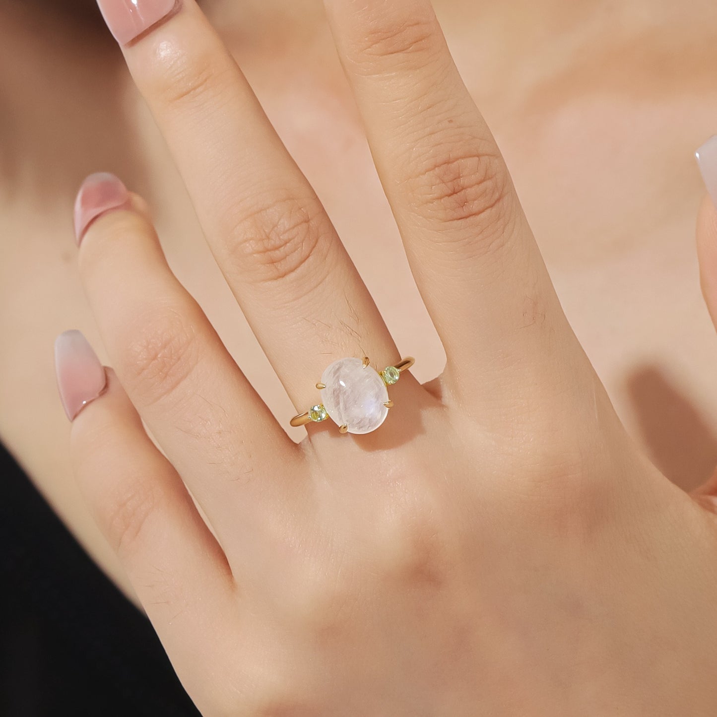 Kemstone Moonstone & Peridot Ring for Women – 4.7ct Natural Blue Moonstone, 925 Sterling Silver with 18K Gold Plating, Unique Handcrafted Design