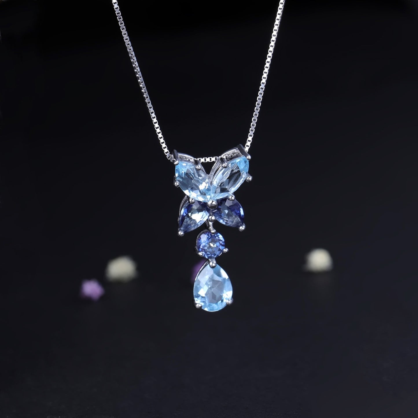 Collar de topacio azul de diseño original artesanal de Kemstone - Diseño floral, joyería de plata de ley S925, 45,7 cm