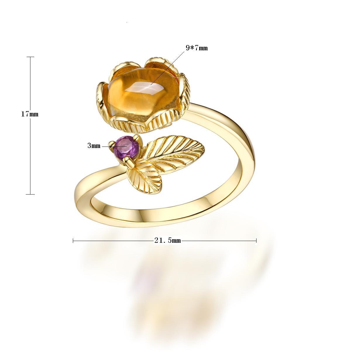 Anillos de citrino natural con diseño original, hechos a mano por Kemstone | Anillos de plata de ley S925 chapados en oro | Anillo abierto estilo bohemio con forma de flor para mujer | Anillos con piedras preciosas