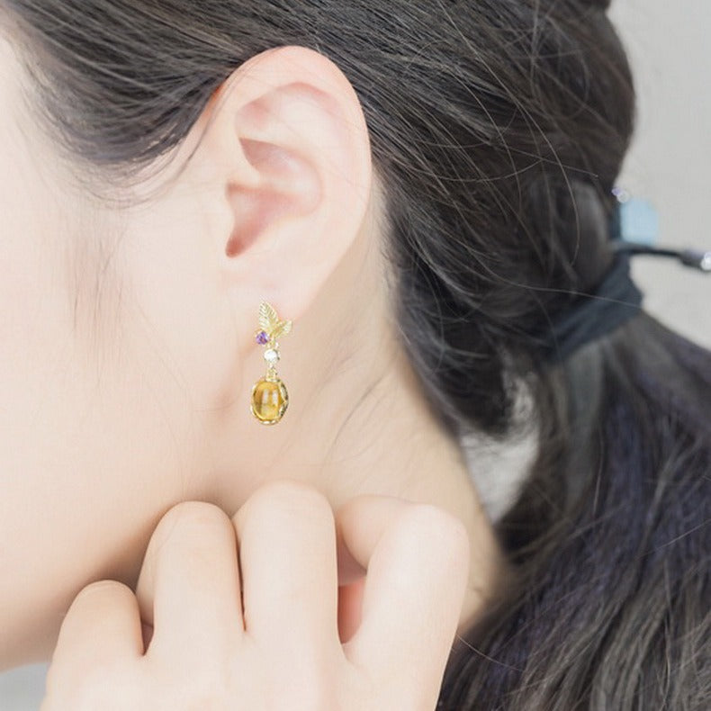 Pendientes de citrino natural de diseño original hechos a mano por Kemstone | Pendientes colgantes de plata de ley S925 bañados en oro | Diseño floral bohemio | Joyería llamativa para mujer | Pendientes con piedras preciosas