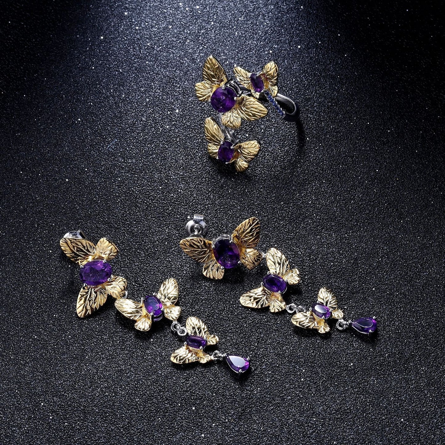 Pendientes colgantes de plata de ley S925 con gemas, diseño original artesanal de Kemstone, con diseño de mariposa de amatista natural y topacio azul suizo para mujer.