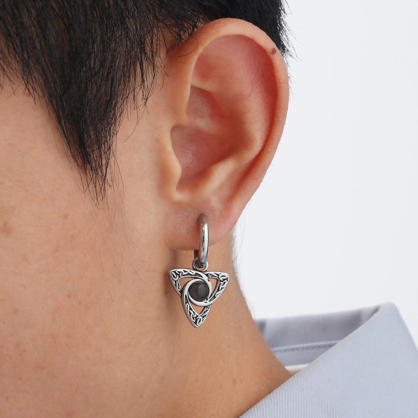 Kemstone Celtic Knot Hoop Earring for Men – Black Cat’s Eye Stone Stainless Steel Gothic Jewelry ED-796
