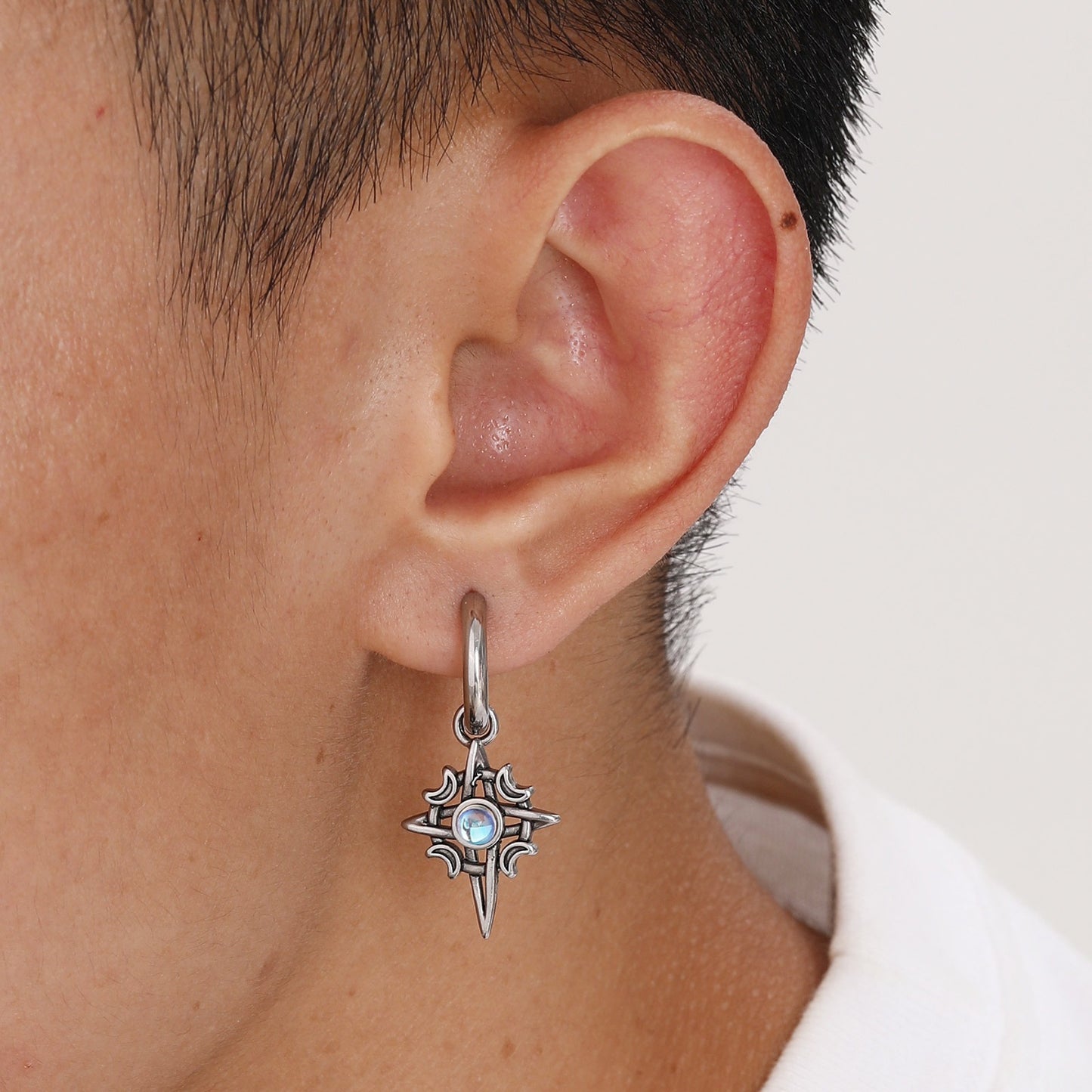 Kemstone Celtic Stainless Steel Moonstone Hoop Earring for Men – Gothic Star & Triquetra Drop Design 769